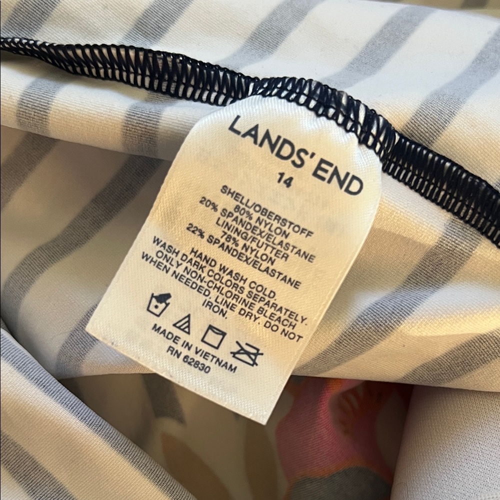 Lands' End ~ Navy and White Striped/Floral High Neck Swim Tank Tankini Top, 14 - Picture 10 of 15